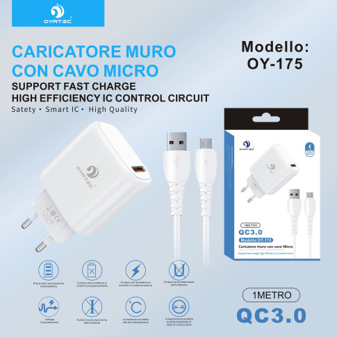 CARICATORE DA MURO CON CAVO USB-MICRO QC3.0 18W OY-175