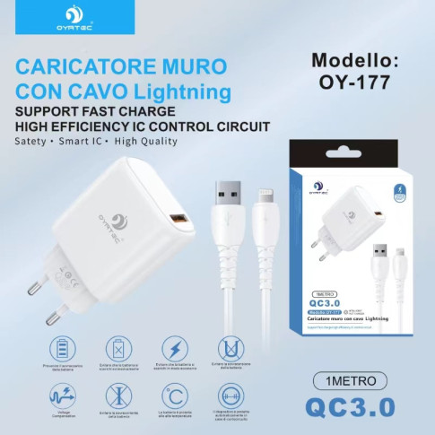 CARICATORE MURO CON CAVO LIGHTNING QC3.0 18W OY-177