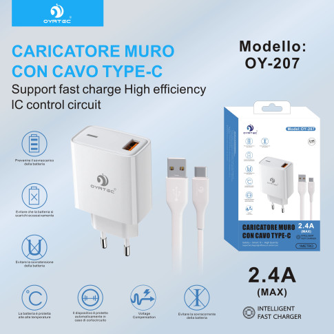 CARICATORE DA RETE CON CAVO USB-TYPE C 2.4A OY-207