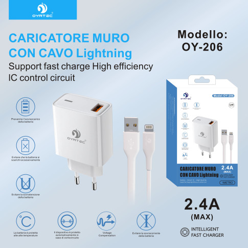 CARICATORE DA RETE CON CAVO USB-LIGHTNING 2.4A OY-206